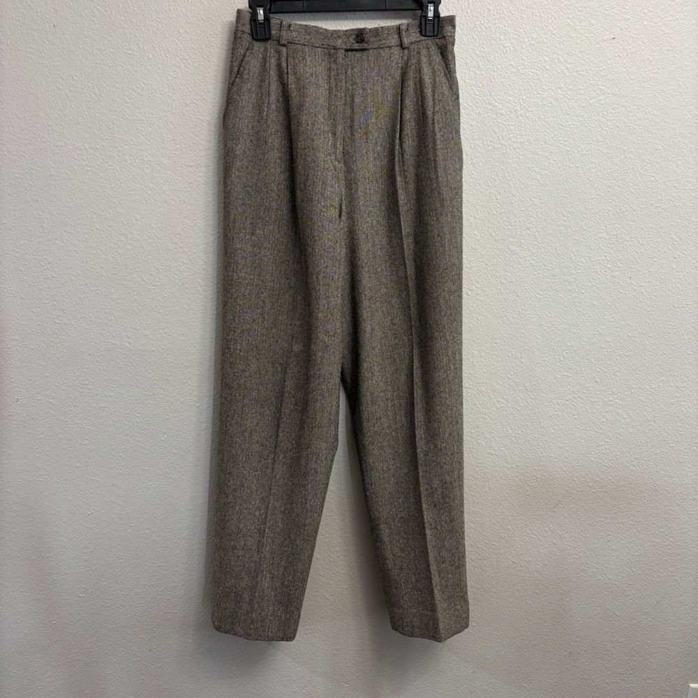 Talbots Women 6 Brown Herringbone Silk Wool Pleated Tapered Pants Office